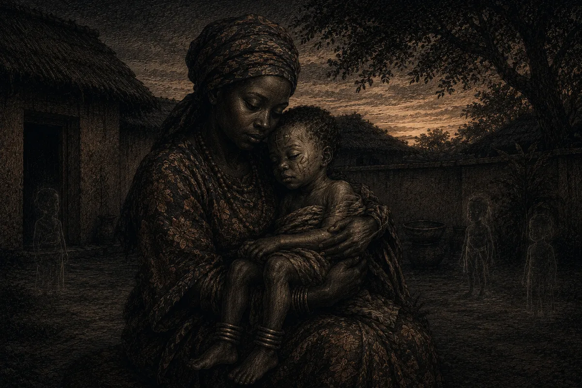 In a Yoruba courtyard at sunset a mother in printed cloth holds in her arms a child with ritual incisions on its face and iron anklets; around them, transparent, other figures of children stay watching.