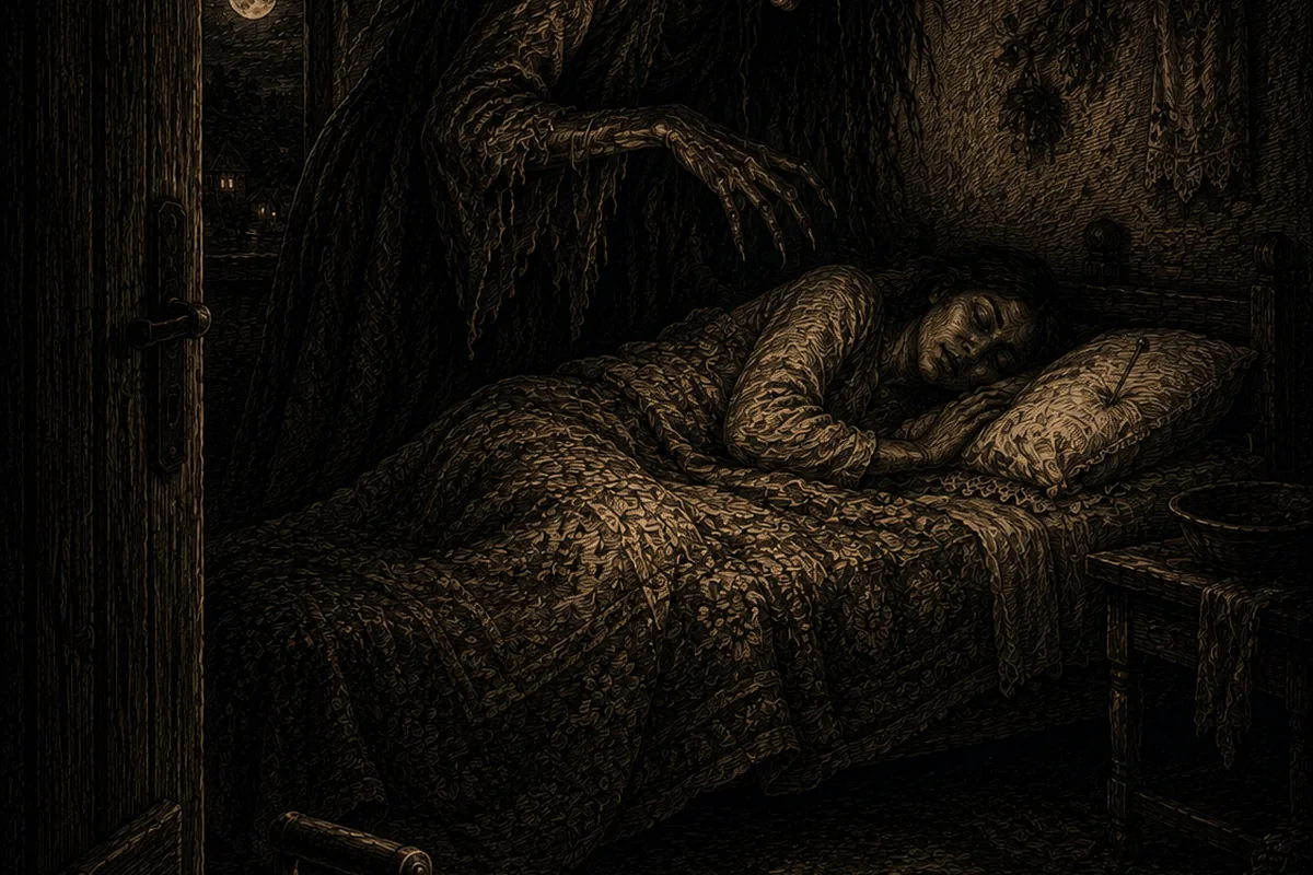 In a birthing room, at night, a very tall female figure with long hair and hooked nails bends over the sleeping woman; a needle is driven into the pillow and a piece of iron is set beside the door.
