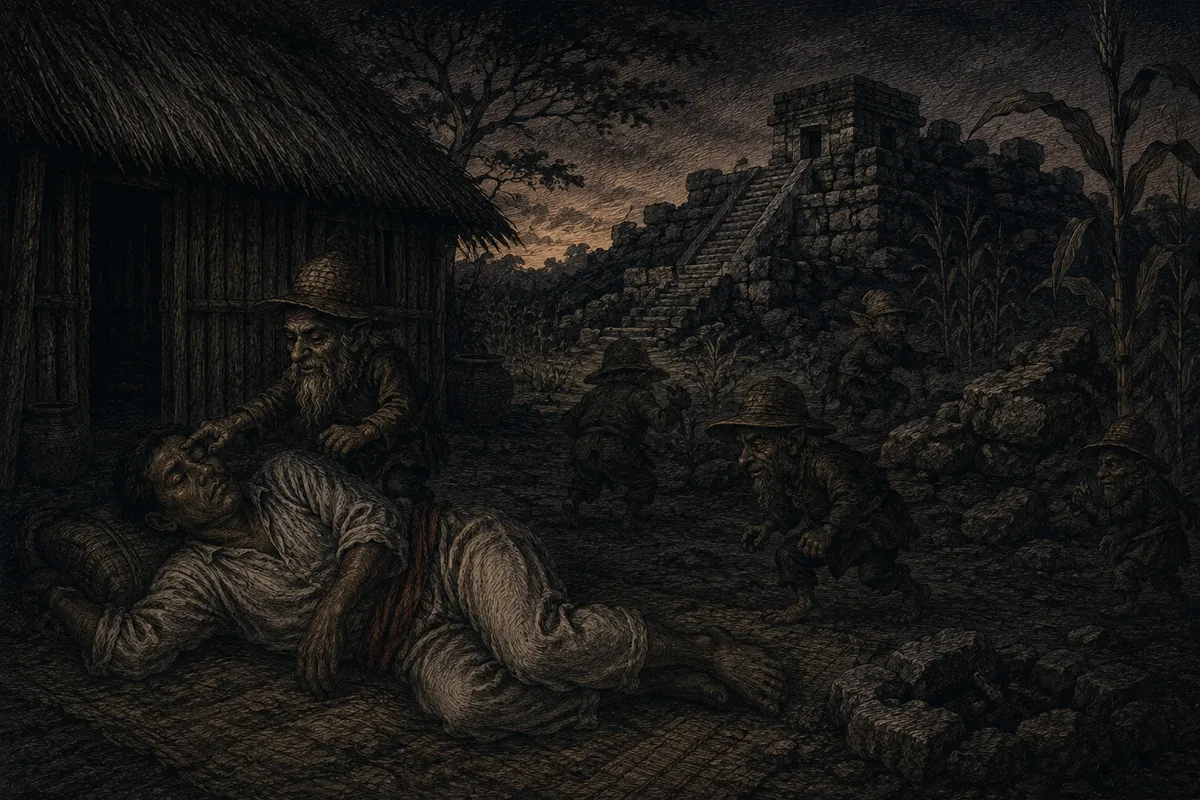 At the edge of a Yucatec milpa, between a thatched hut and a ruined Maya pyramid, small bearded men in straw hats come out among the stones; one of them touches the forehead of a man asleep on the ground.
