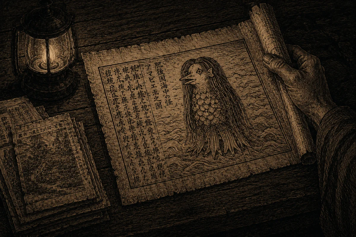 On a wooden table, by the light of a lantern, a hand unrolls a woodblock sheet of the Edo period: printed on it in line is a sea creature with long hair, a beak, a scaly body and three legs, with the text in Japanese characters beside it and the waves in the background. A little way off, other sheets and a booklet in a pile.