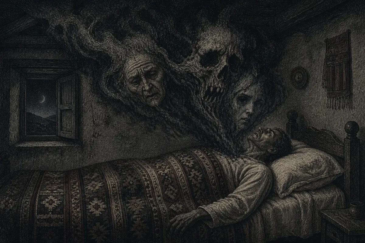 L'Ammuntadore, presenza senza forma fissa, grava sul petto di un dormiente sardo che non riesce a muoversi né a gridare.