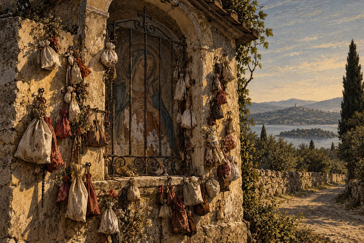 Un'edicola votiva di strada, in muratura, con un dipinto della Madonna consunto e raschiato in basso; alla grata e ai chiodi attorno pendono decine di sacchetti di stoffa di misure diverse, alcuni nuovi, altri scoloriti dalla pioggia.