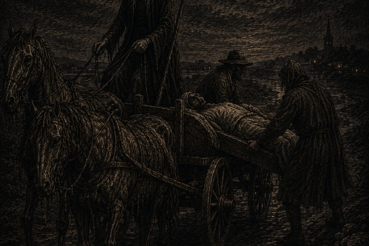 On a road in Lower Brittany in the moonlight, a cart drawn by two gaunt horses has halted: on the footboard a very tall man with long white hair, his face in shadow under a wide felt hat, holds the reins and a scythe with the blade mounted the wrong way round; two figures are loading a body onto the bed.