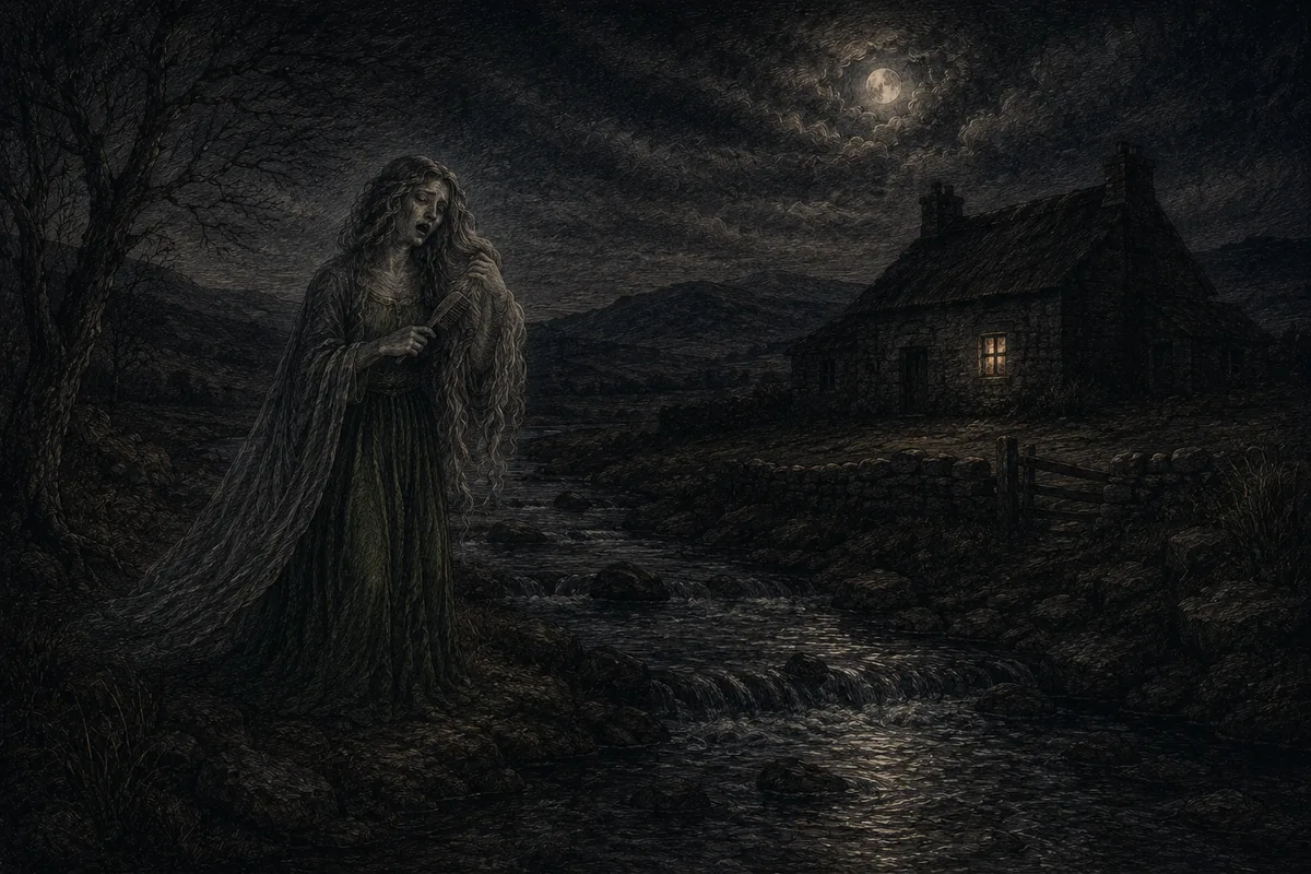Presso un torrente al chiaro di luna una figura femminile in mantello grigio si pettina i lunghi capelli bianchi e leva il lamento; poco distante una casa di pietra con una sola finestra accesa.