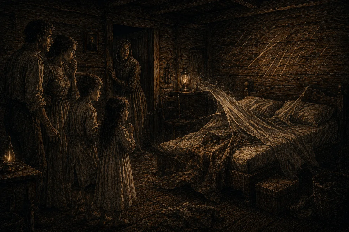 In una camera da letto del Tennessee, illuminata a lanterna, le coperte vengono strappate via dal letto da qualcosa che non si vede e sulla parete restano lunghi graffi freschi; sulla soglia una famiglia guarda in silenzio.