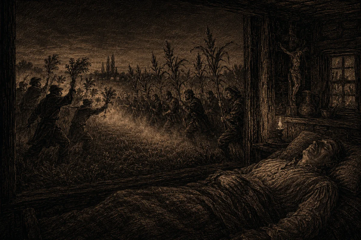 On an Ember night, above a Friulian field, two ranks face each other in the low mist: on one side men raising bunches of fennel, on the other figures gripping sorghum stalks. In the foreground, inside a room lit by a candle, a man lies motionless on the bed with his eyes closed, beneath a crucifix.