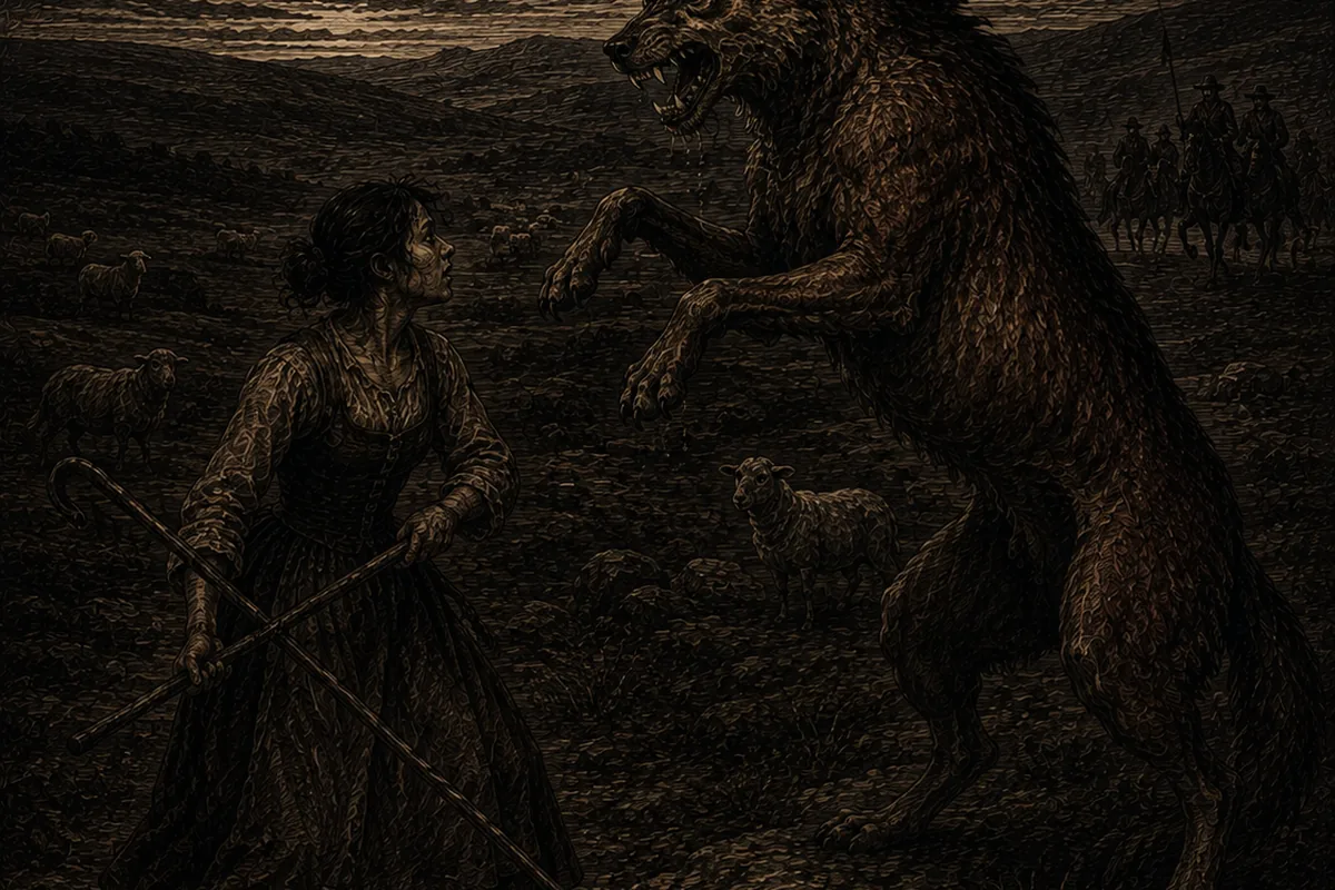 On the plateau of the Margeride, at sunset and among the sheep, an animal larger than a wolf rears up on its hind legs before a young shepherdess who holds her staff crosswise; on the horizon, mounted dragoons.