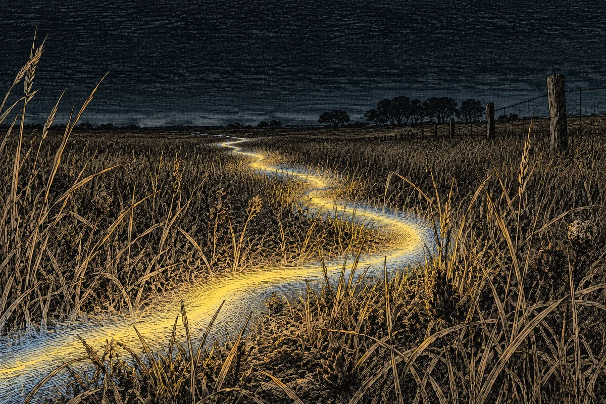 Una pianura erbosa di notte: una striscia di luce bassa, gialla e azzurrina, corre fra gli steli secchi senza piegarli né bruciarli. L'erba attorno resta intatta. Nessun animale, nessuna testa, nessun corpo riconoscibile.