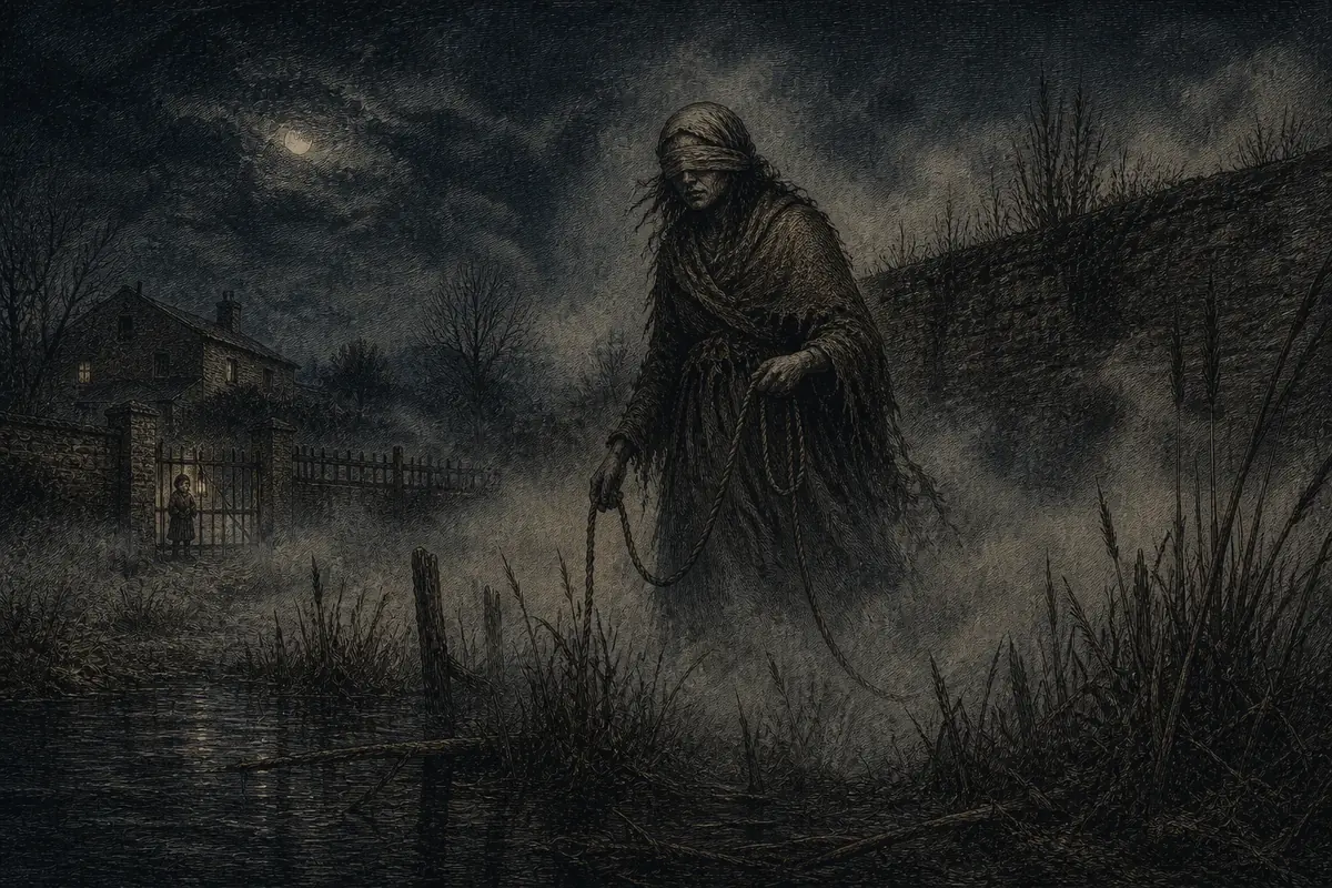 La figura bendata della Borda emerge dalla nebbia fitta presso un macero della bassa padana, dove l'argine sparisce a pochi passi.