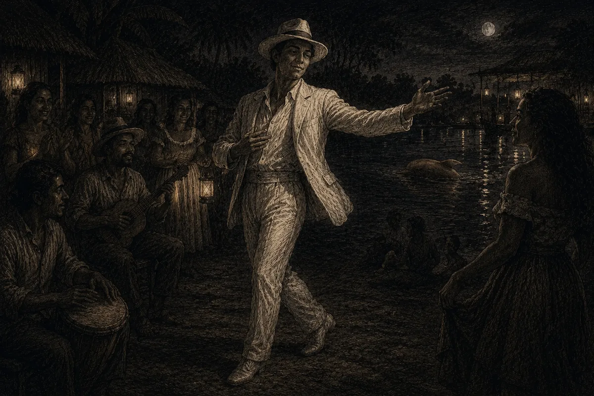 At the night festival on the river bank a young man in a white suit and straw hat dances before a girl, among musicians and lanterns; in the water behind him the back of a dolphin breaks the surface.