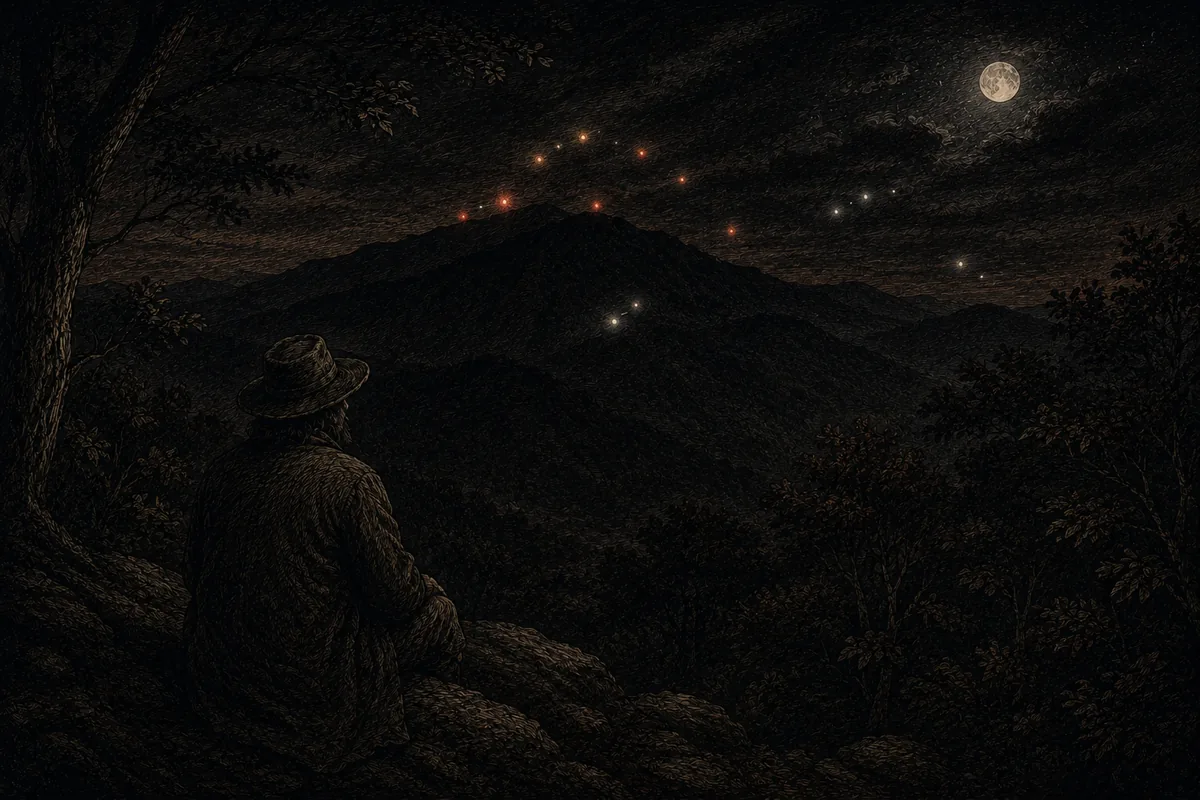 Da un punto panoramico della Blue Ridge, di notte, un uomo col cappello siede di spalle e guarda: sopra il crinale del Brown Mountain alcune luci puntiformi, rossastre e bianche, stanno sospese e si dividono, sotto la luna piena.
