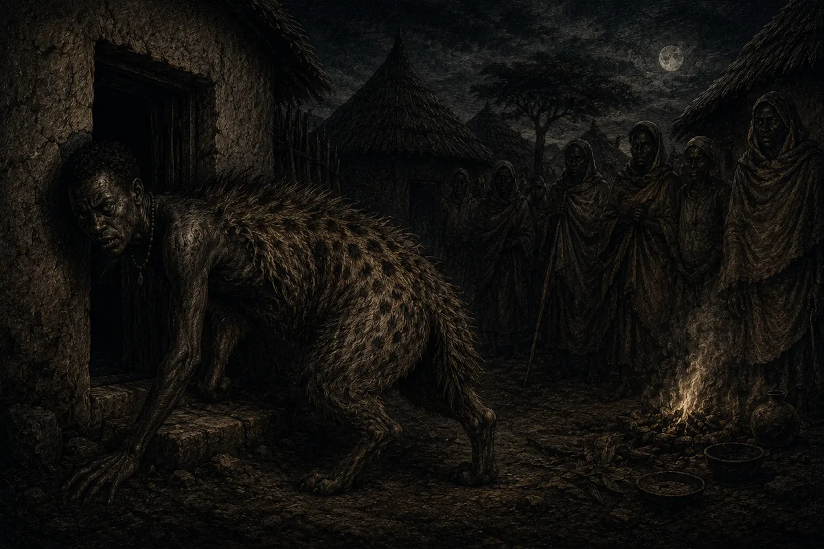 On the threshold of a stone house with a thatched roof, a man whose face is still human bends forward over the body of a spotted hyena; a little way off, around the fire, several figures wrapped in shawls watch him without coming closer.