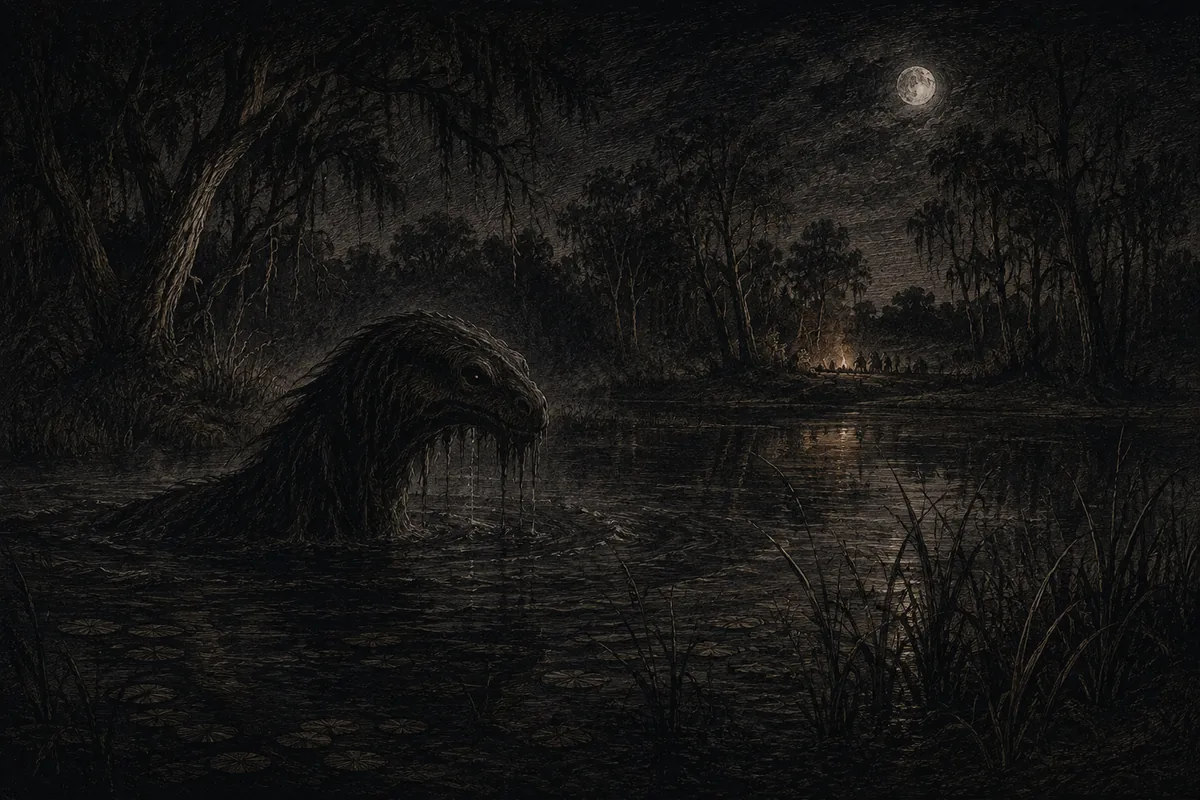 A dark mass with an elongated muzzle and dripping fur emerges from a billabong by moonlight, among trees hung with trailing moss; on the opposite bank a campfire gathers several figures.