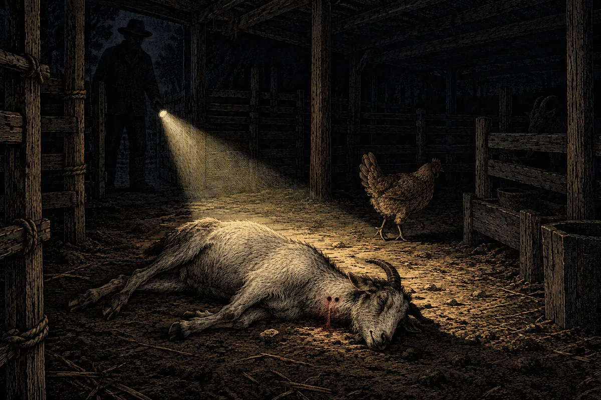 Noche en un corral de cabras: el cono de luz de una linterna sostenida baja ilumina una cabra muerta sobre la tierra batida y dos pequeños orificios en el cuello; dentro del cono una gallina viva se aleja; fuera del cono, apenas legible, la silueta de un hombre de pie que sostiene la linterna. Única fuente de luz la linterna. Ningún texto.