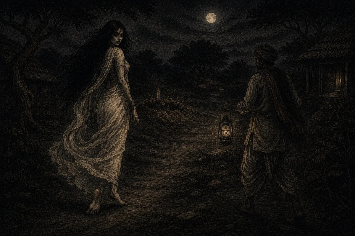 On an Indian village path by moonlight a young woman in a light sari turns towards a man with a turban and a lantern: her feet are turned round, the heels in front and the toes behind. A little further on, a grave with the earth disturbed.