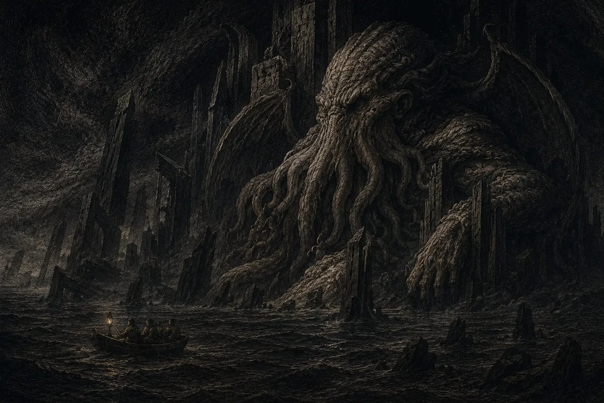 La città sommersa di R'lyeh riemersa fra geometrie sbagliate: una figura colossale, misto di piovra, drago e caricatura umana, siede addossata ai monoliti; in basso una barca a remi con tre uomini e una lanterna dà la misura della scala.