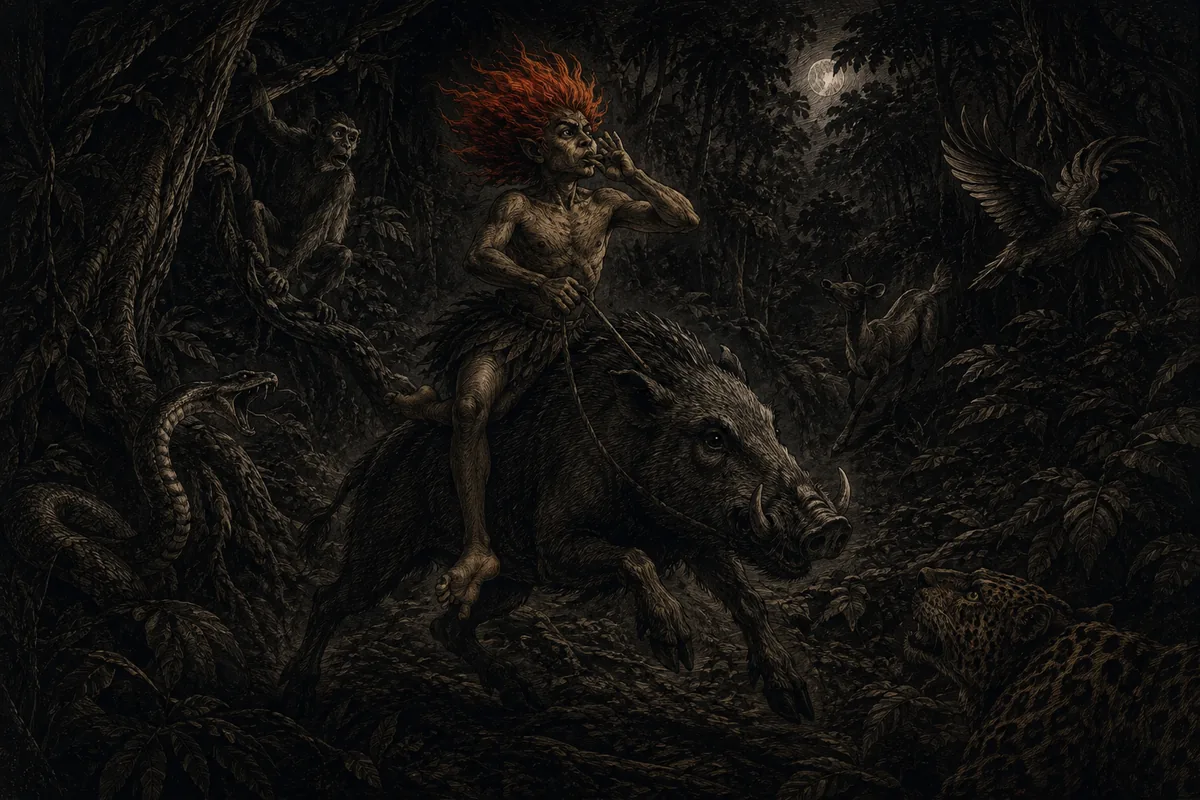 The Curupira, a dwarf with hair red as flame and feet turned backwards, rides a peccary through the night forest with his hand to his mouth to whistle; around him monkeys, snakes, a deer and a jaguar move with him.
