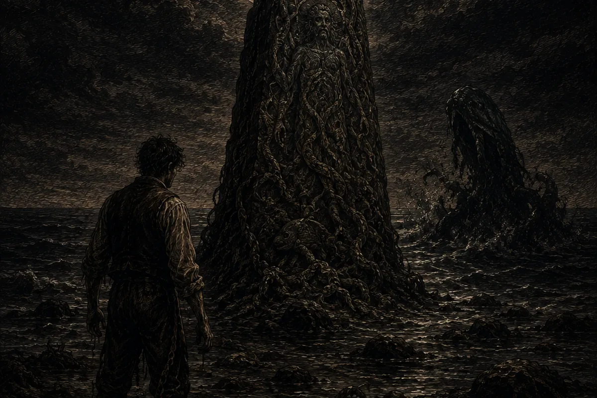 Su un fondale sollevato, sotto una luna enorme, un monolito coperto di bassorilievi emerge dal fango; un naufrago in camicia lo guarda dalla riva melmosa mentre dall'acqua nera, poco oltre, si leva qualcosa di grande.