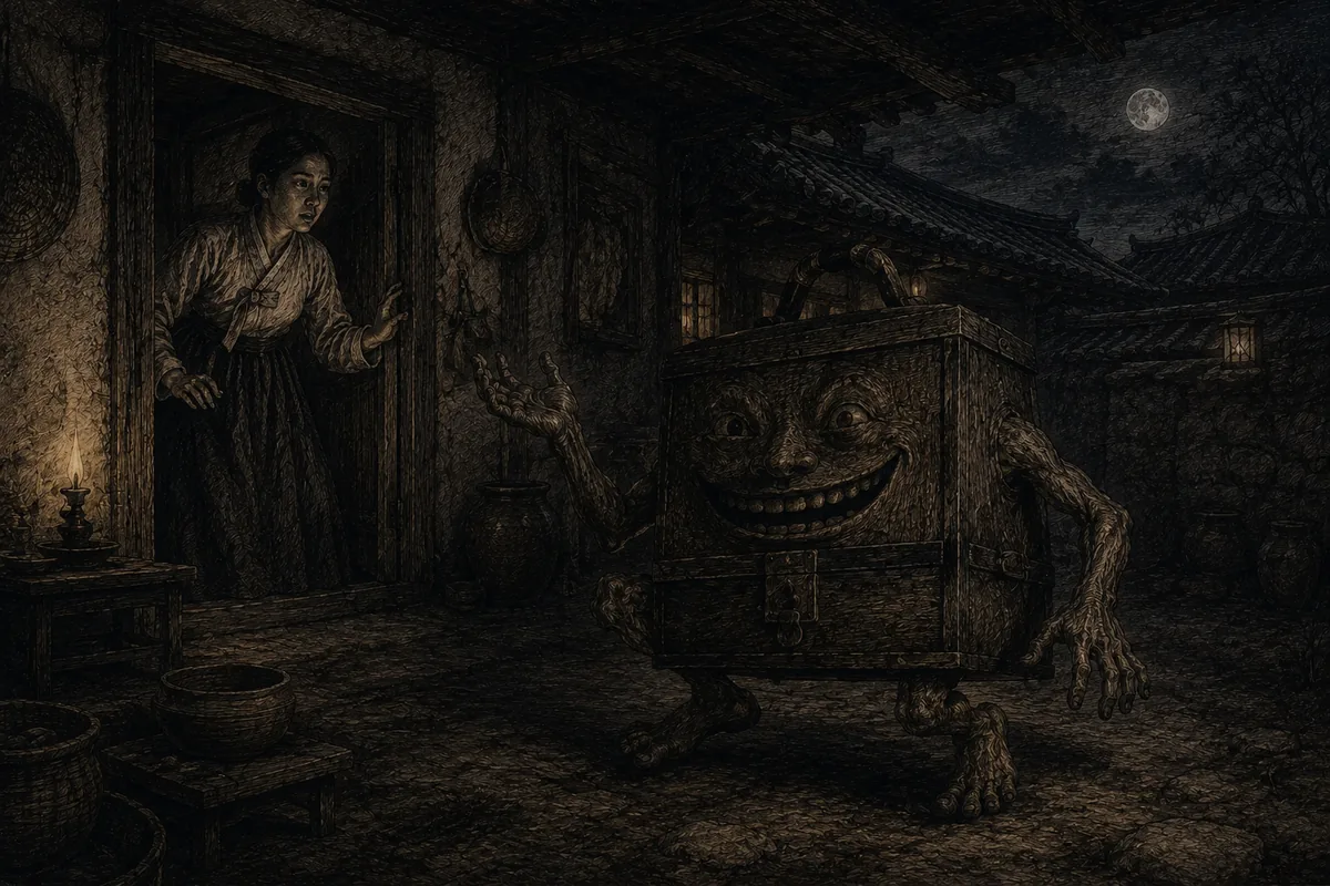 A wooden chest with a laughing face, human arms and feet, walks in the courtyard of a Korean house while a woman in hanbok watches it from the threshold with her lamp lit.