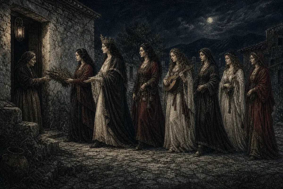 Le donne di fuora, in gruppo e vestite di bianco, rosso e nero, appaiono a una guaritrice palermitana: una di loro ha zampe di gatto.
