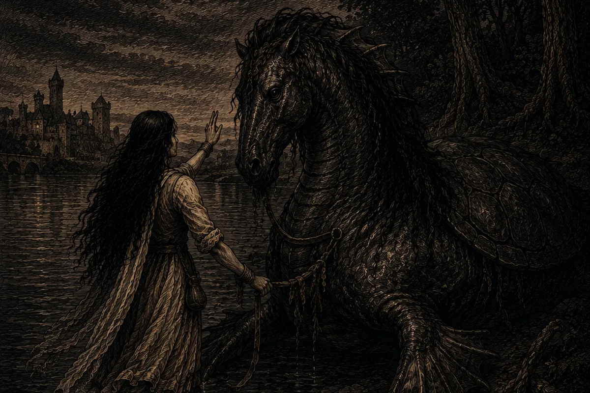Sulla riva di un sea loch, al crepuscolo e con un castello in fondo, un cavallo nero dalla criniera intricata e dalle zampe palmate si offre a una giovane donna che allunga la mano verso il muso e già stringe la briglia.