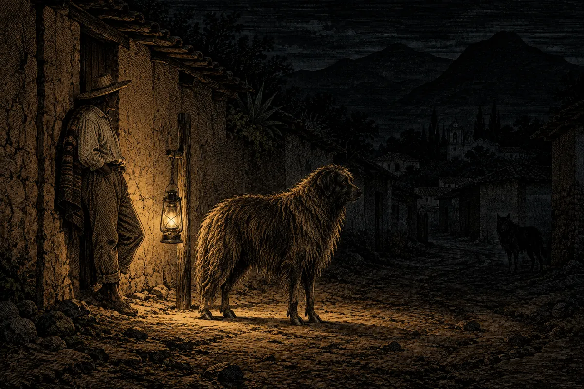 Camino de tierra batida en un pueblo de montaña, de noche. Única fuente de luz un farol de vela colgado bajo de un poste, que ilumina un círculo de camino: dentro del círculo un hombre con sombrero de paja apoyado en un muro de adobe, y a un paso de él un perro muy grande de pelo largo y enmarañado, quieto, vuelto hacia la oscuridad, con las patas que acaban en pequeños cascos. Fuera del círculo, apenas insinuada, una segunda silueta canina más oscura. Ningún texto.