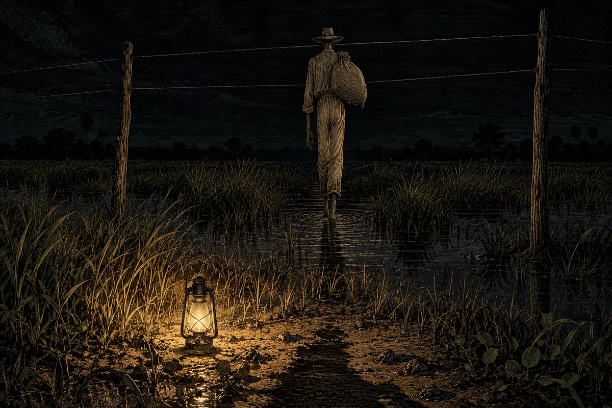 Noche en la sabana inundada de los Llanos. Un hombre altísimo y esquelético camina de espaldas entre la hierba alta con un saco de tela cargado de huesos al hombro; su cabeza llega a la altura de los cables eléctricos tendidos entre dos postes de madera. La única luz es una lámpara de petróleo puesta en el suelo en primer plano, que alarga la sombra del hombre hacia quien mira. Ningún texto.