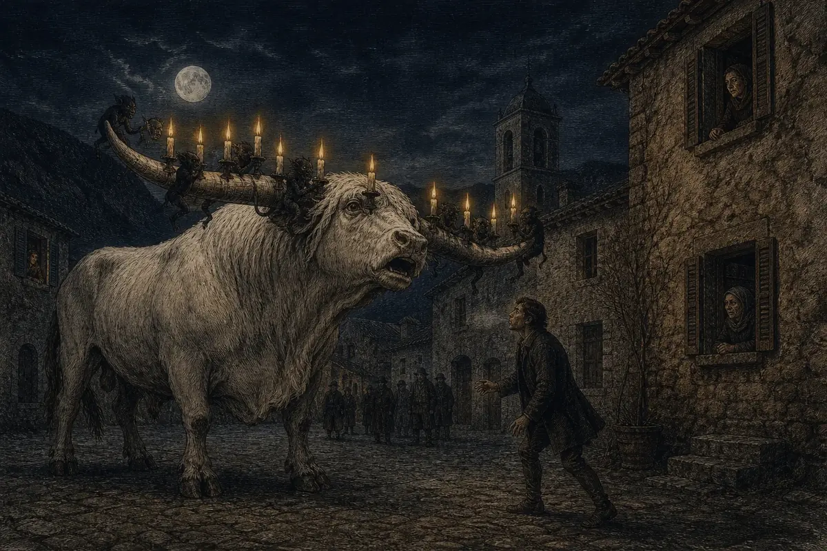 L'Erchitu, bue bianco dalle grandi corna con le candele accese, si ferma davanti a una casa della Barbagia e mugghia sotto il plenilunio.