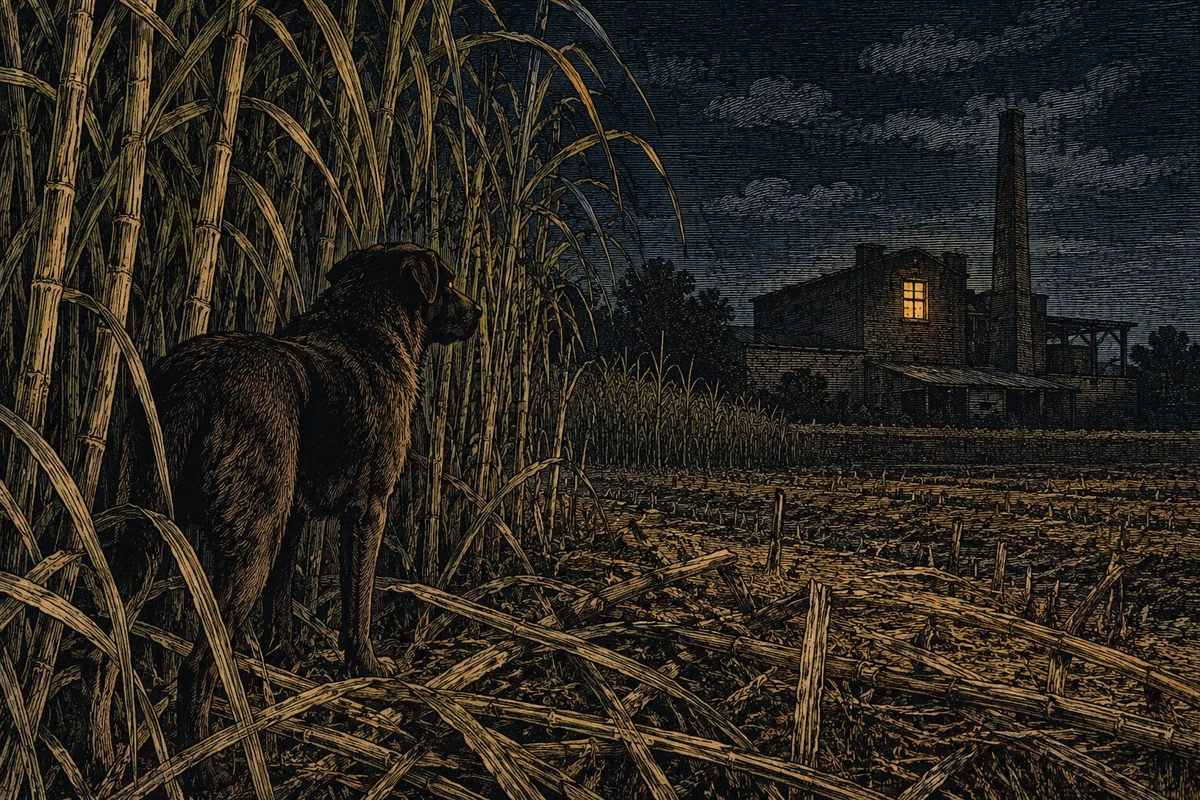 The edge of a sugar-cane field at night; in the background the low bulk of a sugar mill with a single lit window on the first floor. Among the canes, at ground level, two eyes and the dark outline of a large dog, standing still.