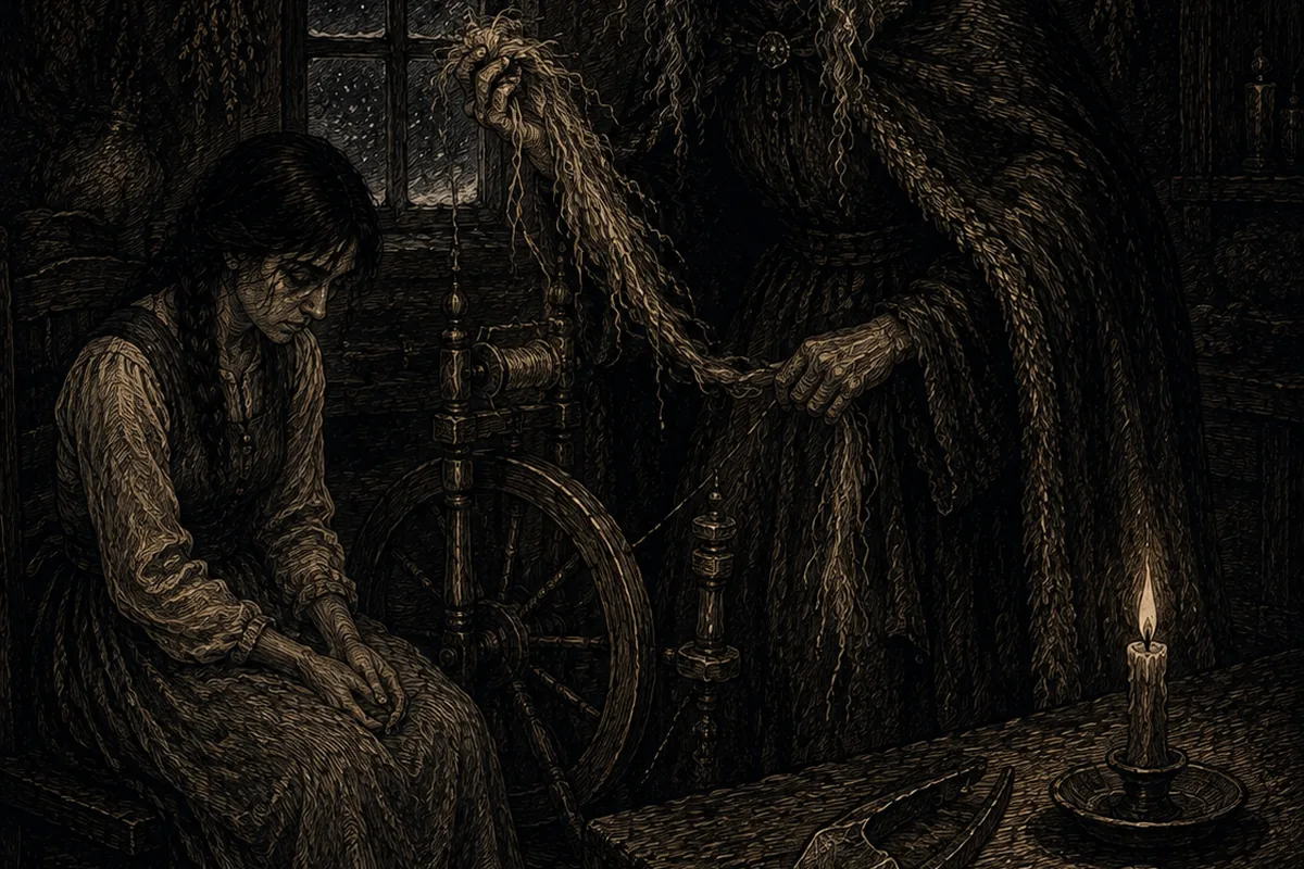 Inside a peasant house in winter, by candlelight, a stern old woman in a cloak holds up a skein of badly spun flax before a girl seated at the spinning wheel who keeps her eyes lowered; on the table a ploughshare and a chain.