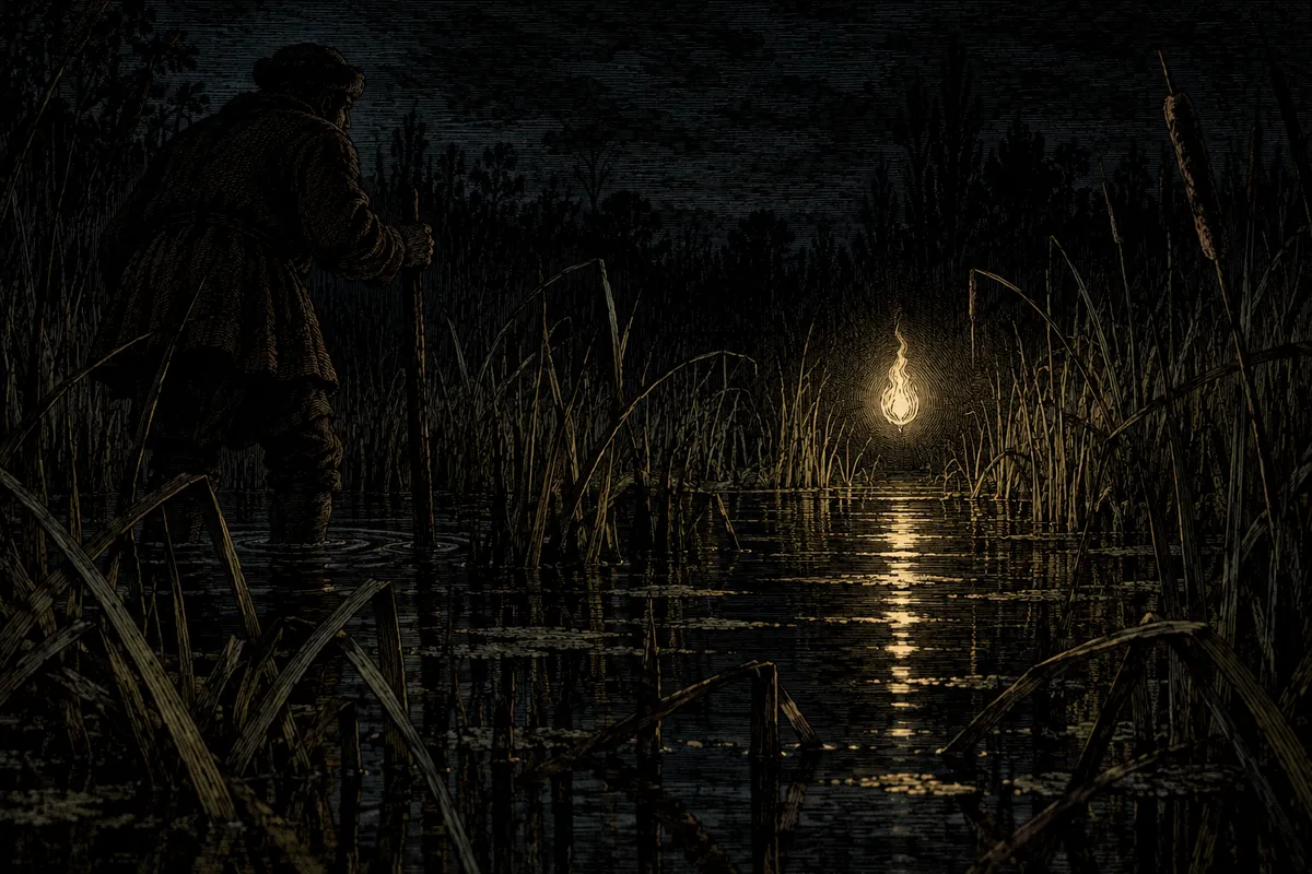 Pantano de noche visto casi a ras del agua, entre matas de juncos. La única fuente de luz es una llama pálida suspendida a medio metro de la superficie del agua, que ilumina su propio reflejo y unos pocos tallos alrededor. A la izquierda, al límite de la oscuridad, la silueta de un hombre con un bastón se ha vuelto hacia la luz y tiene ya un pie en el agua. Ningún texto.