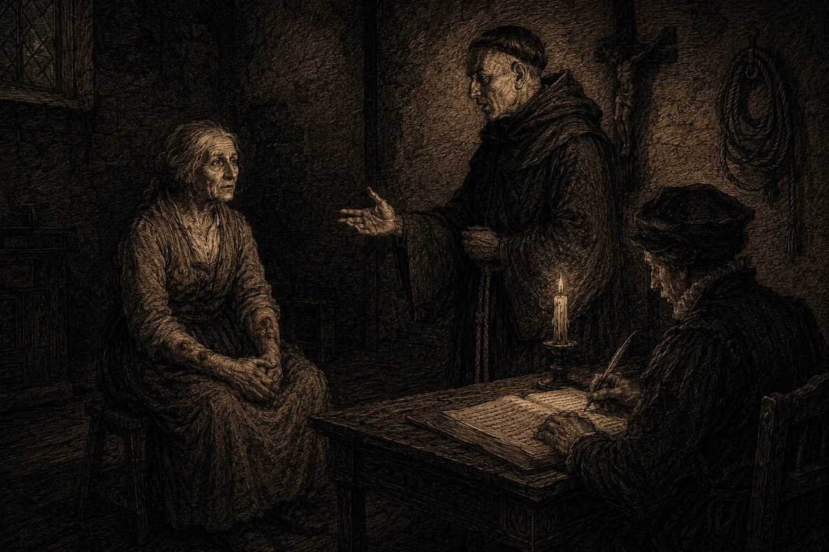In a bare room of an ecclesiastical court, by the light of a single candle, an elderly woman in a grey dress sits with her hands in her lap while a friar stands speaking to her with his hand held out and a notary takes down the record at the desk; on the wall a crucifix and, hanging on its hook, the coiled rope.