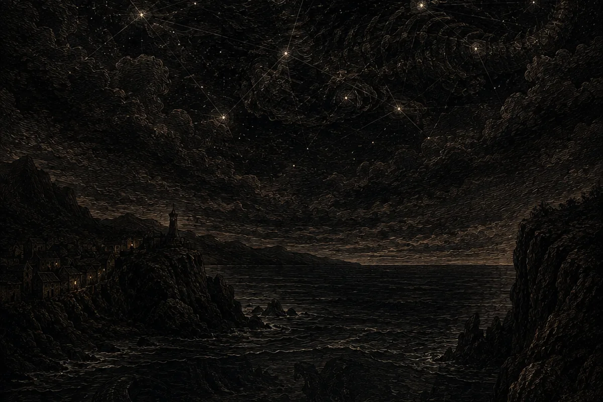 Sopra un porto costiero addormentato, il cielo notturno mostra le costellazioni allinearsi in una figura precisa; nell'acqua scura sotto la scogliera si intravedono, appena accennate, spire enormi che aspettano.