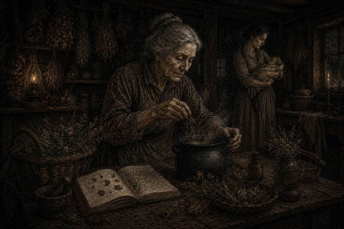 Nella cucina di una casa appalachiana, fra mazzi di erbe appesi a seccare, una donna anziana sbriciola erbe in un paiolo accanto a un almanacco lunare aperto; sullo sfondo una giovane madre tiene in braccio il neonato.