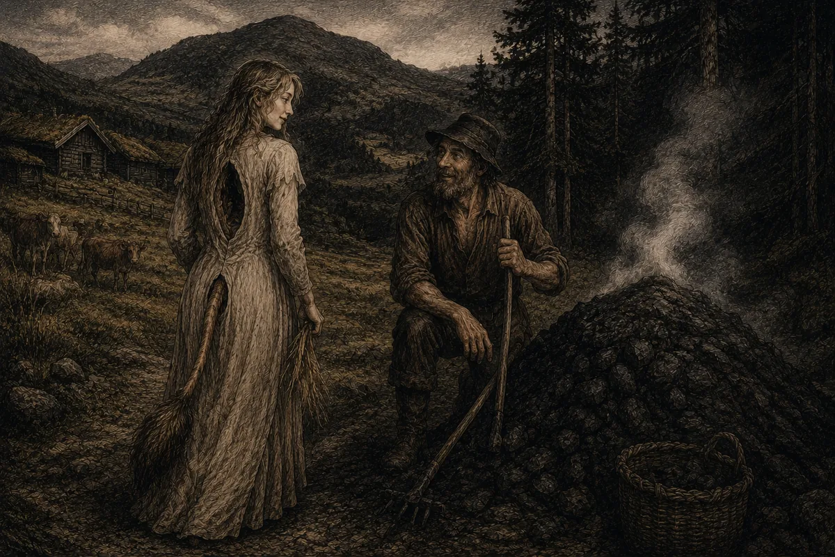 In un alpeggio norvegese, davanti alla carbonaia fumante, una donna di grande bellezza in abito lungo parla con un carbonaio appoggiato al forcone; vista da dietro, la veste lascia scoperta la schiena cava e la coda di vacca.