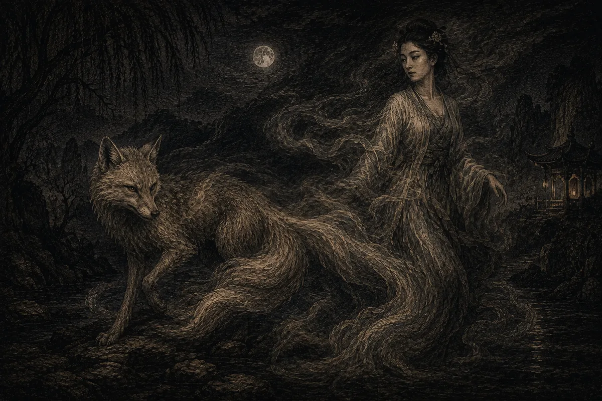 Beneath the moon, by a weeping willow, a fox with many tails and a woman in Chinese robes walk side by side: the same creature in its two forms.