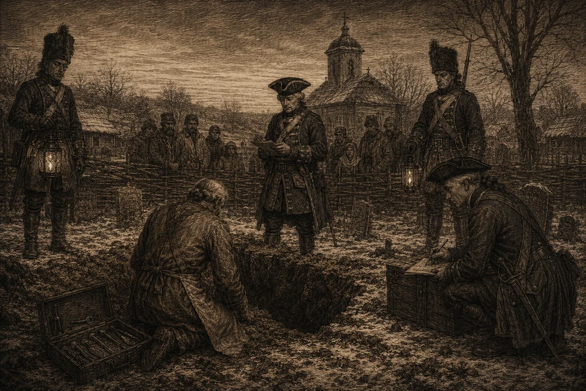 Incisione all'alba in un cimitero di villaggio della frontiera militare asburgica, con neve rada: un chirurgo in grembiule di cuoio è inginocchiato di spalle sul bordo di una fossa aperta, con la cassetta degli strumenti aperta a terra accanto a lui. Al centro un ufficiale in tricorno legge da un foglio; a destra un secondo militare scrive su un plico appoggiato a una cassa di legno. Due granatieri con il colbacco reggono le lanterne ai lati. Oltre uno steccato di vimini, un gruppo di contadini in pelliccia guarda in silenzio; sullo sfondo una piccola chiesa e alberi spogli. Della fossa non si vede il contenuto.
