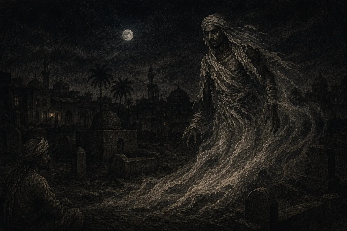 A figure wrapped in funeral bandages, twice the height of a man, rises from a cemetery at the edge of the city among minarets and domes; a seated man watches it without fleeing.