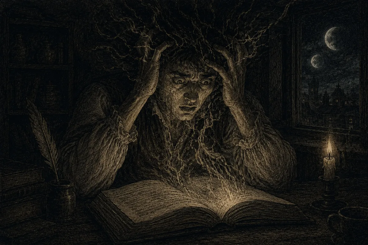 Alla scrivania di uno studio, di notte, un uomo tiene la testa fra le mani sopra un libro aperto da cui esce un groviglio luminoso; dalla finestra si vedono due lune sopra i tetti di una città. Il libro non mostra nulla di sé.