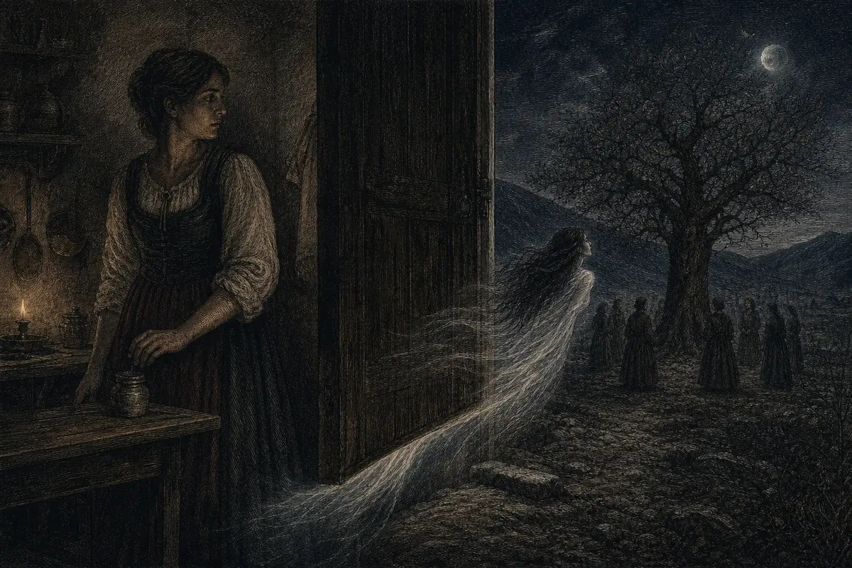 La janara esce come spirito di vento da sotto la porta di una casa sannita, mentre in lontananza si radunano figure sotto il noce di Benevento.