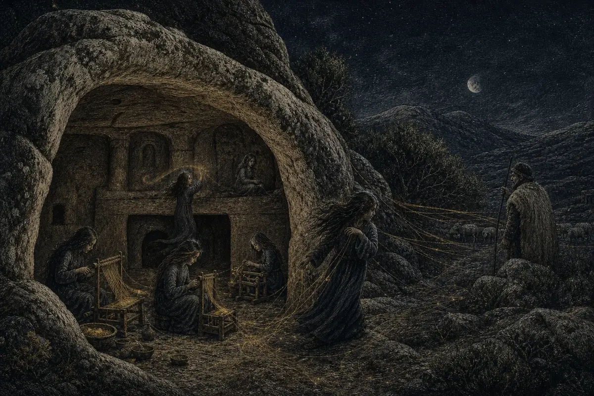 Le janas, fate minute, filano di notte con fili d'oro davanti a una domus de janas scavata nella roccia.
