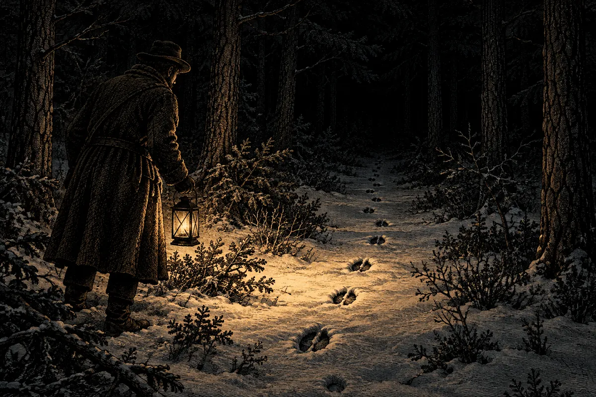 Noche en las Pine Barrens. Un hombre con abrigo sostiene una linterna bajada hacia el suelo y el haz ilumina una fila de huellas de pezuña en la nieve fresca entre troncos de pino; la luz se detiene poco más allá, donde el bosque se cierra en negro. Ningún texto.