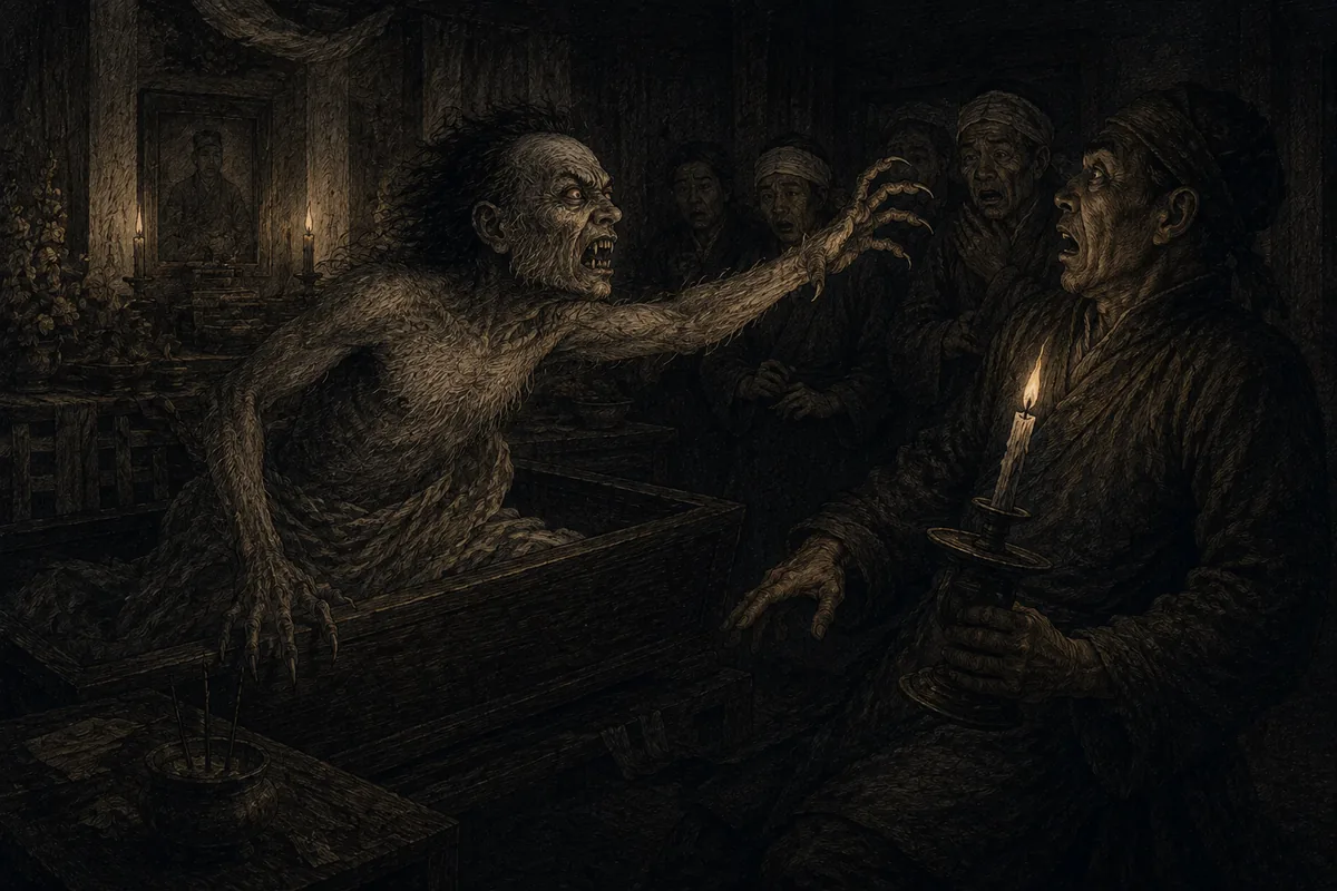 In a funeral chamber lit by candles, the corpse rises abruptly from the coffin and stretches towards the watcher a hand with hooked nails; it has white down on the body, red eyes and teeth that come out over the lips. The bystanders draw back.