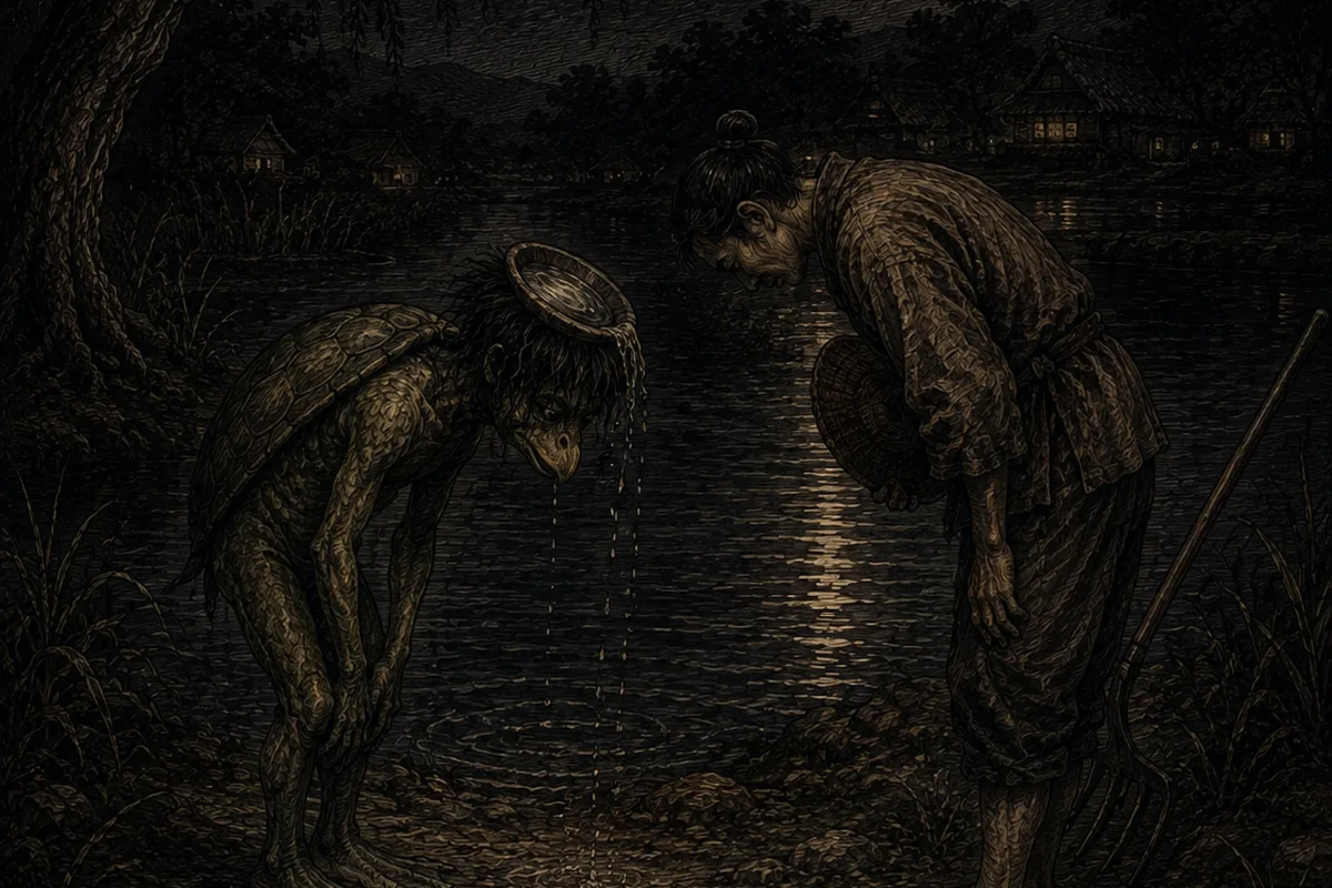 Sulla riva di uno stagno al chiaro di luna, un contadino col cappello di paglia in mano si inchina profondamente davanti a una creatura verdastra dal carapace e dal becco che ricambia l'inchino — e dalla conca sulla sua testa l'acqua si sta rovesciando.