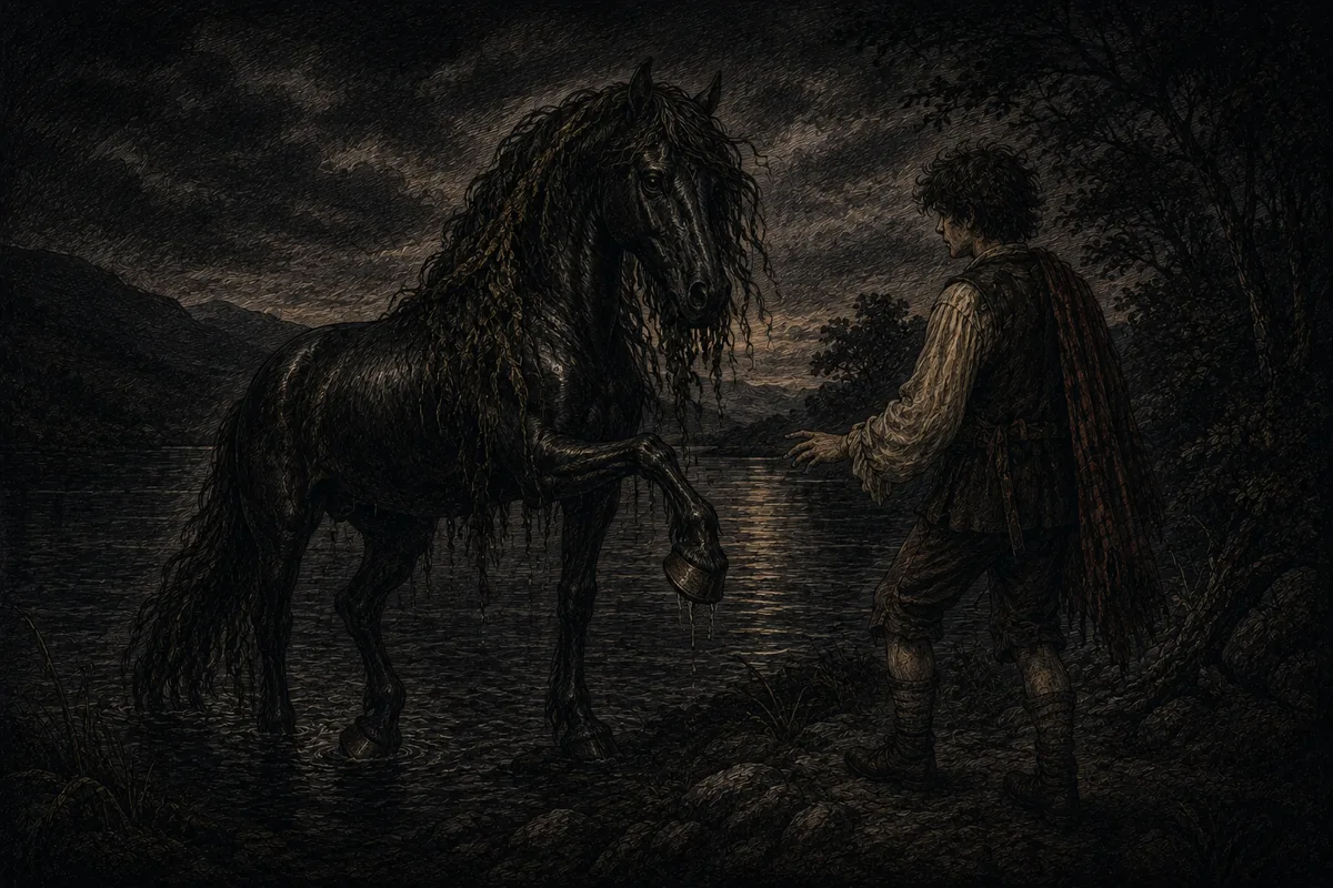 Sulla riva di un loch scozzese al crepuscolo un cavallo nero e grondante, con alghe intricate nella criniera, solleva uno zoccolo verso un giovane in kilt che allunga la mano per toccarlo.