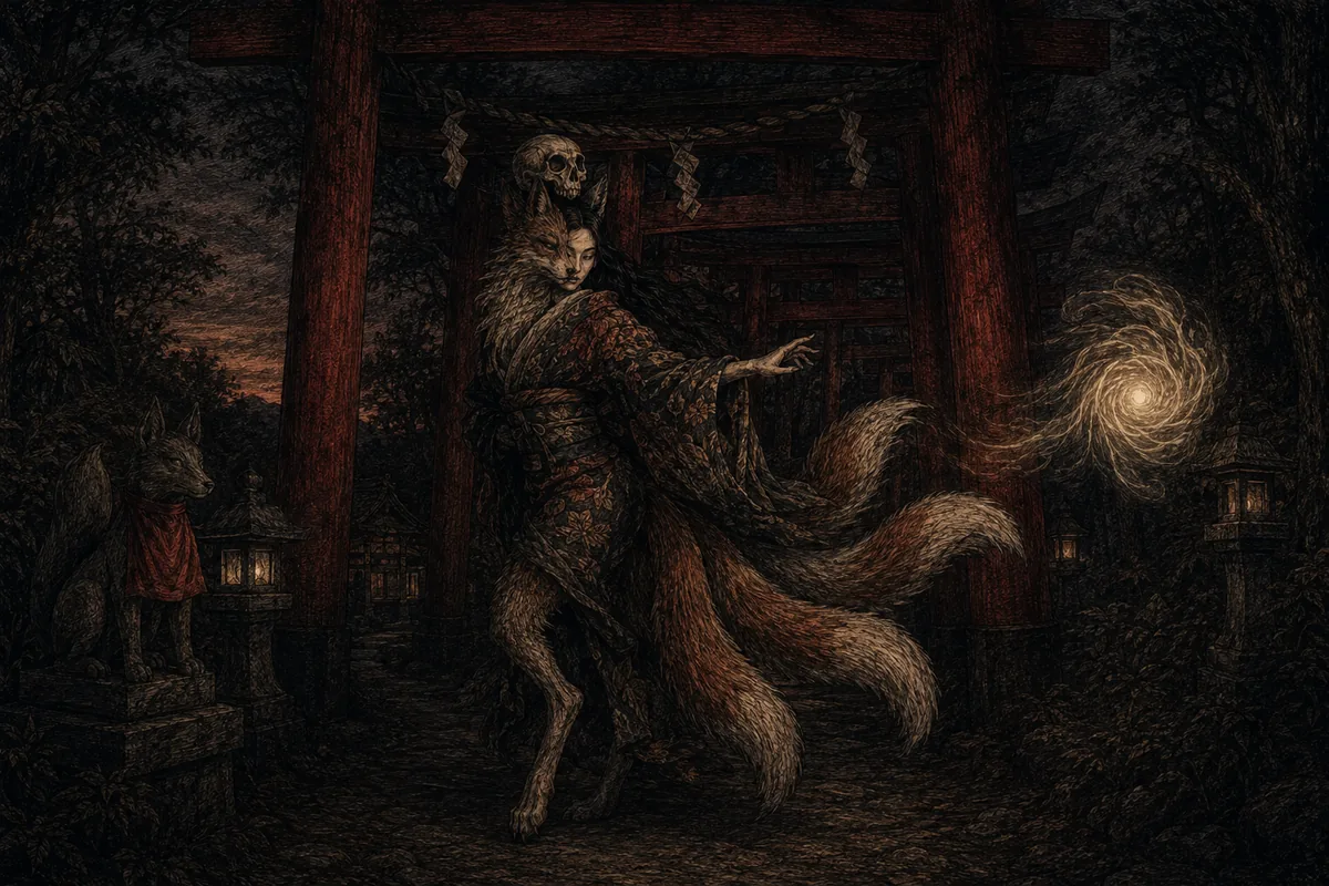 Sotto un torii vermiglio, al calare della notte, una volpe dalle molte code in kimono si solleva a mezzo fra le due forme con un teschio posato sul capo; accanto fluttua lo hoshi no tama e una statua di volpe col bavaglino rosso sorveglia il santuario.