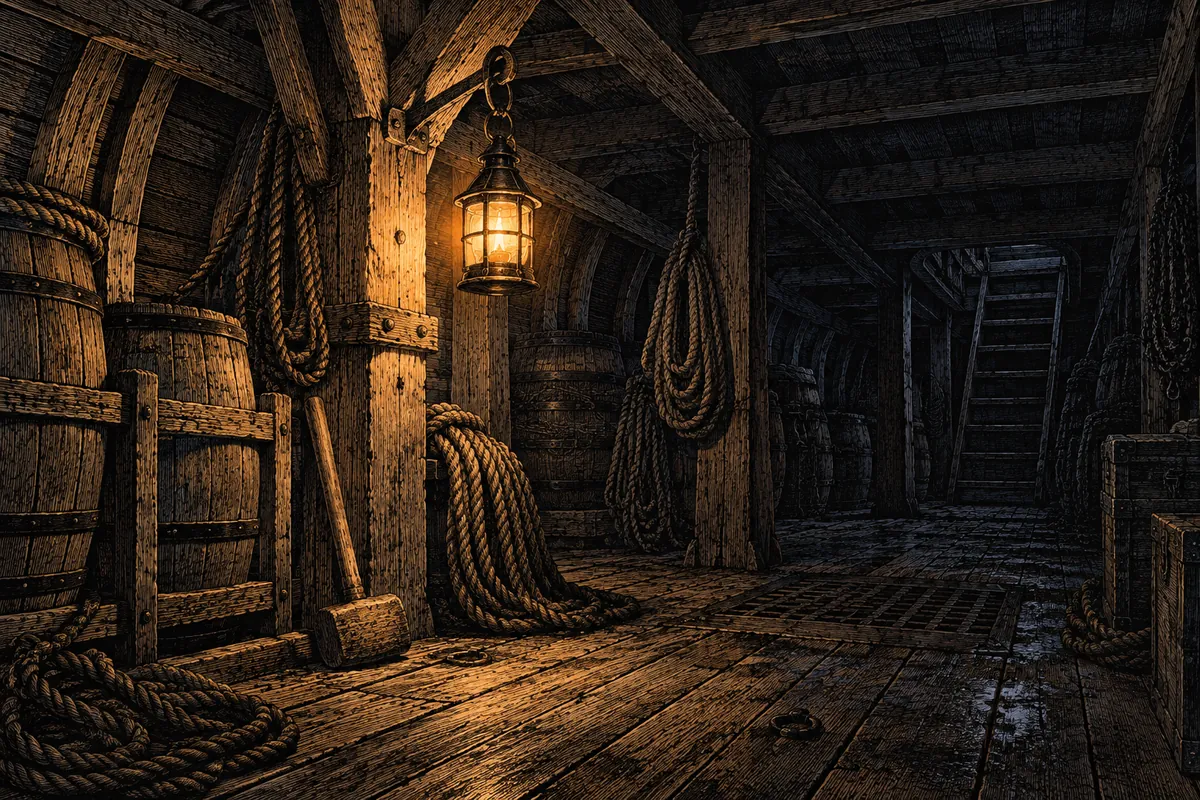 La bodega de un velero de noche: vigas, tablazón y barriles, con un mazo de calafate apoyado en una viga y, sobre la madera, un punto iluminado por un farol colgado; ninguna figura visible.