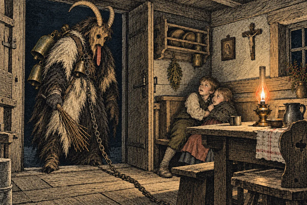 Habitación de un caserío alpino iluminada solo por una lámpara de petróleo puesta sobre la mesa. En el umbral, medio en sombra, una figura cubierta de pieles de cabra con máscara de madera con cuernos y lengua saliente, cencerros en la espalda, una vara de abedul en la mano derecha; la cadena se arrastra por el suelo de tablas. Dos niños apretados contra el banco miran hacia arriba. Ningún texto.