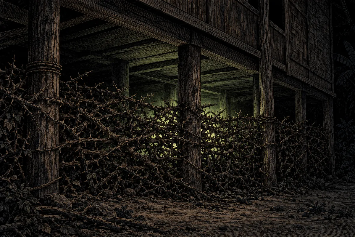El hueco oscuro bajo el suelo de una casa sobre pilotes, cerrado por una barrera espesa de ramas espinosas: por detrás de las espinas se filtra un débil resplandor verdoso, única luz de la escena. No se ve ninguna figura.