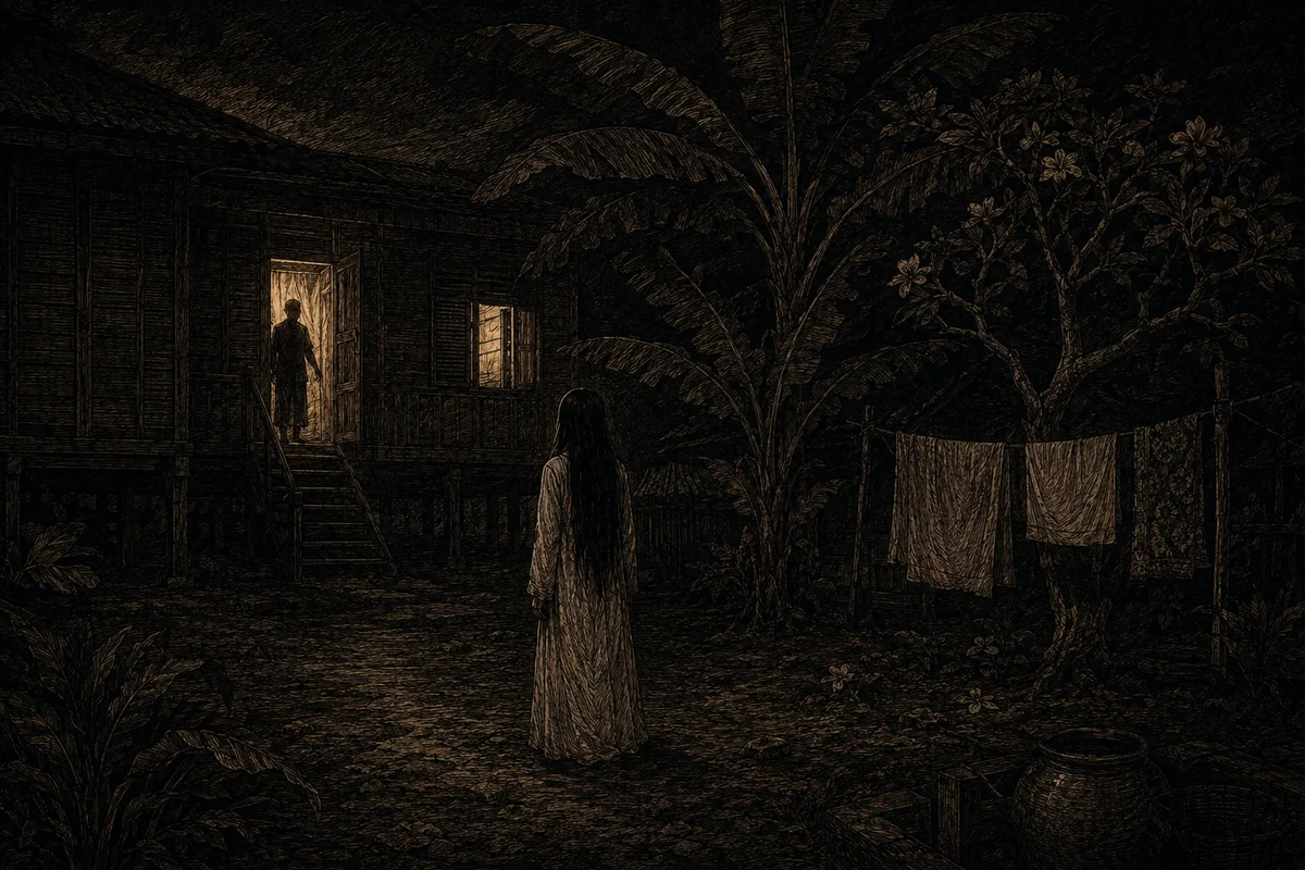 A night engraving in a courtyard in Kalimantan: a woman in a long white gown, with black hair loose to her waist, stands motionless in the middle of the courtyard and looks towards a wooden house on stilts, on whose lit threshold a figure has stopped. Beside her, a banana tree and a frangipani in flower, and the washing left hanging on the line.